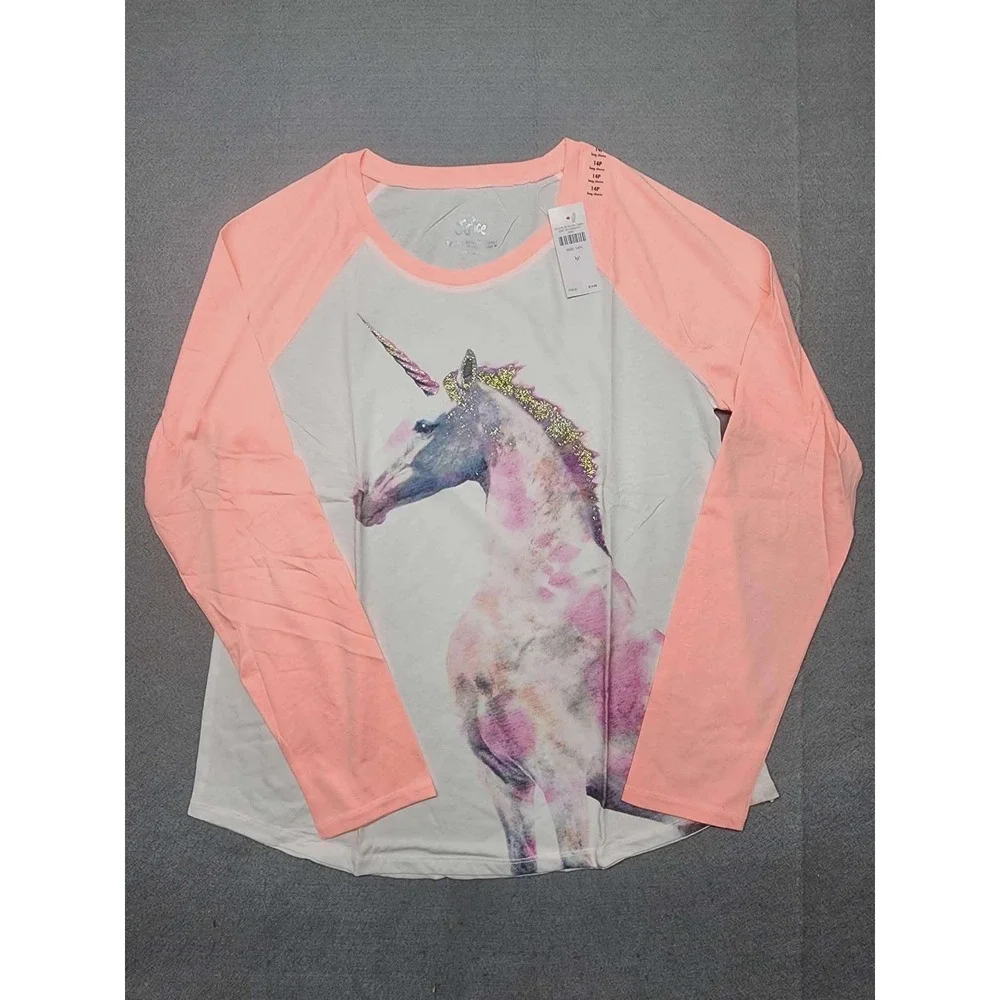 Justice Girls Unicorn Raglan Long Sleeve T-Shirt White Coral Size 14 Plus NWT